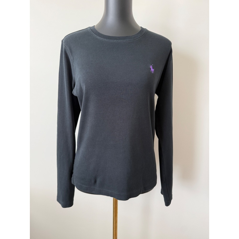 Ralph Lauren Sport Women XL Black Long Sleeve Cotton Tee Purple Pony Logo